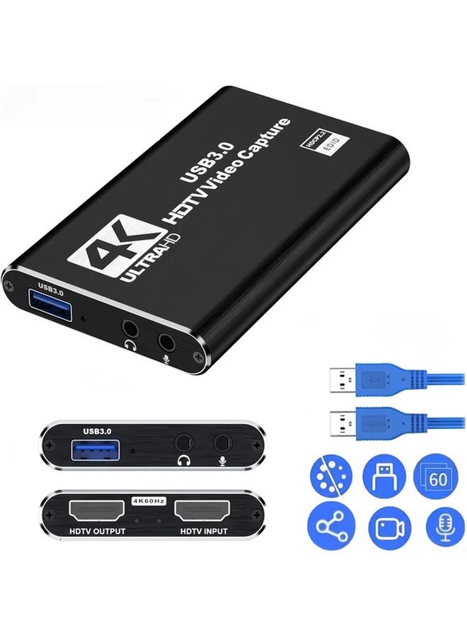 4K USB 3.0 كرت التقاط الفيديو مع كابل HDMI للبث المباشر والألعاب والبث 1080P HD إطار كامل إدخال الصوت أسود - Image 1